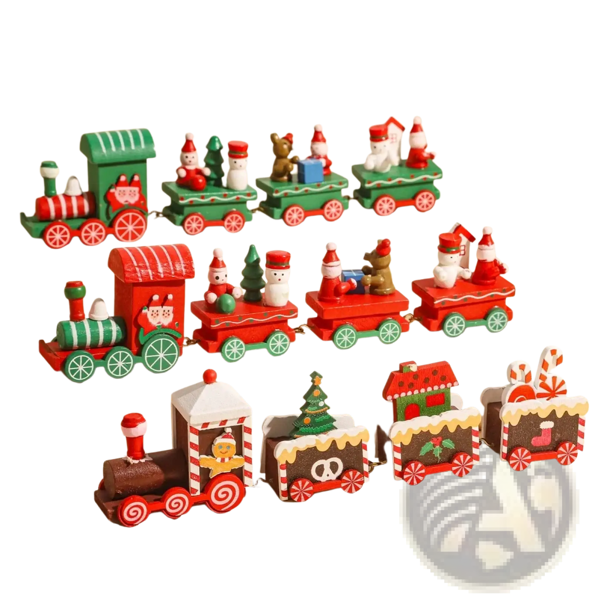 Wooden christmas train toy with colorful painted santa and snowmen cars for holiday home decoration