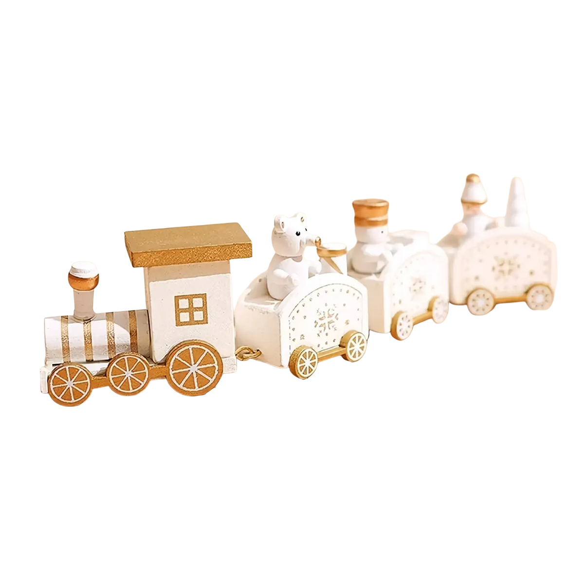 A charming white wooden christmas train toy with gold accents featuring a bear conductor and snowman passengers