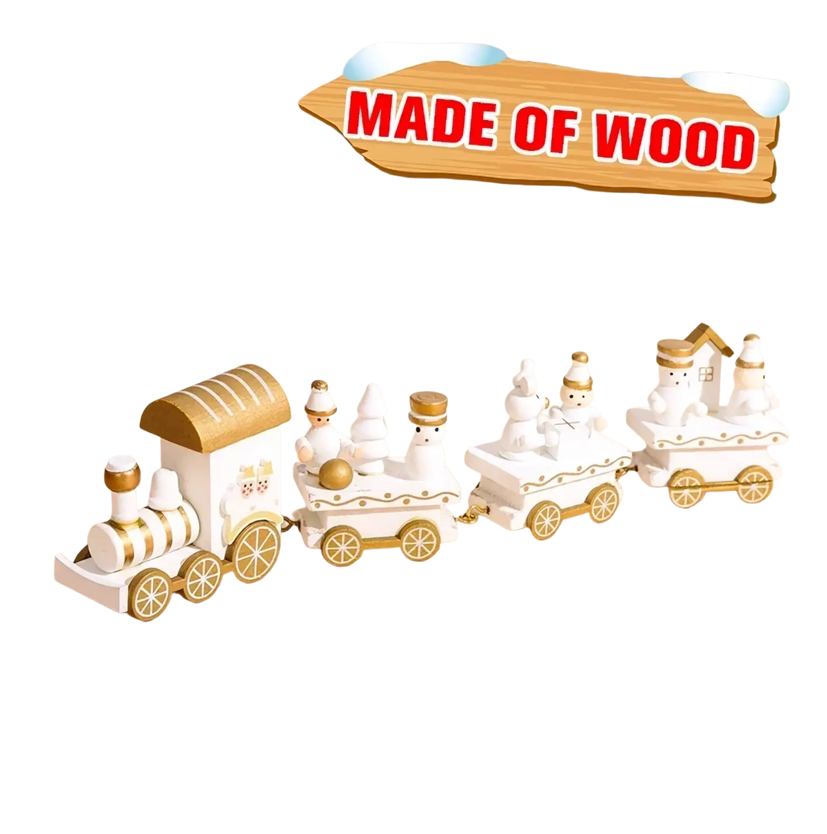 A charming white wooden Christmas train toy with gold accents and miniature snowman passengers for holiday decor