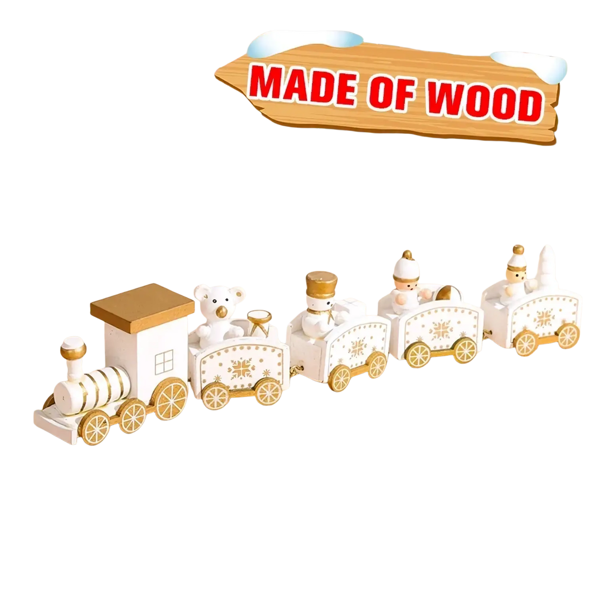 Wooden christmas train toy with white paint gold accents and snowman figures for holiday home decoration