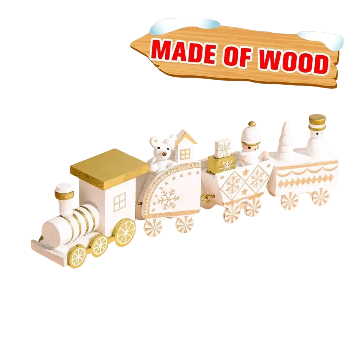 White and gold wooden christmas train with snowflake patterns bear figurine and miniature houses holiday decoration