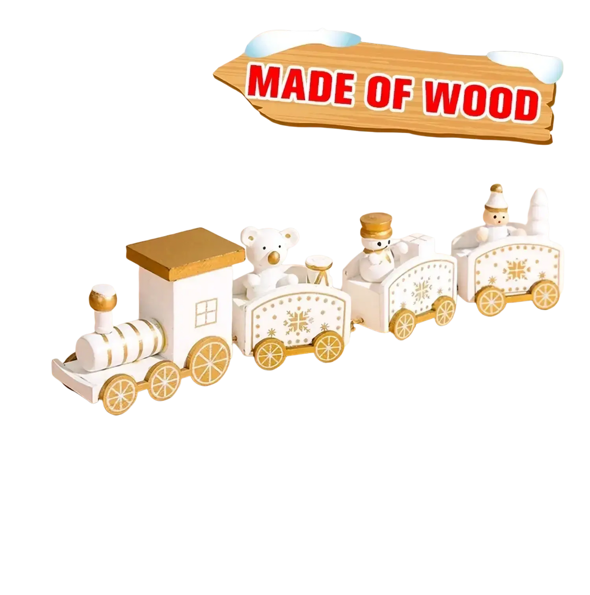 White and gold wooden christmas train toy with snowman and bear figurines for holiday home decoration