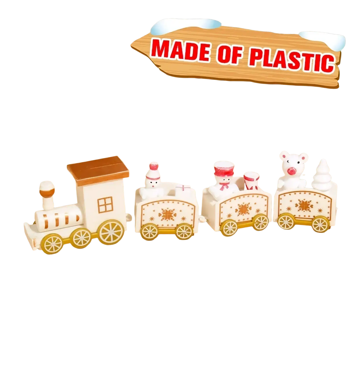 White plastic wooden Christmas train toy with gold accents featuring snowman bear and tree figures for holiday decor