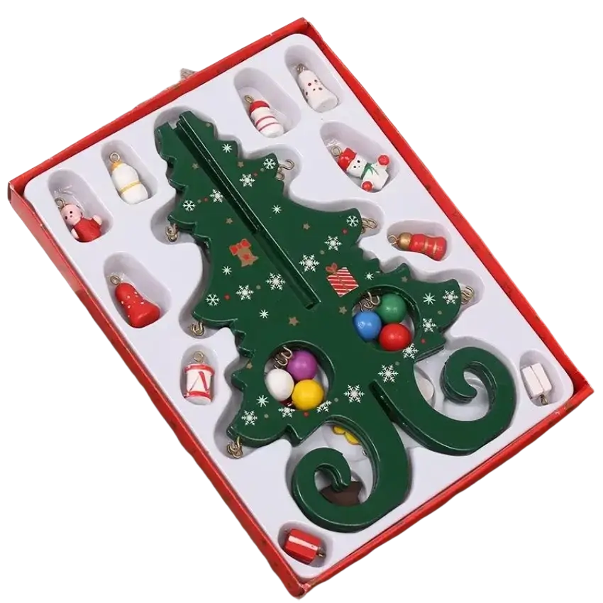 Green wooden christmas tree tabletop ornament with painted snowflakes and creative wooden decorations design