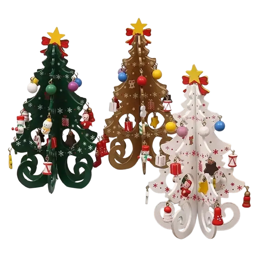 Wooden christmas tree tabletop ornament featuring three creative wooden christmas trees with colorful decorations and stars