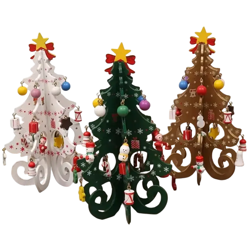 Three creative wooden christmas trees in white green and gold with colorful decorations tabletop ornament