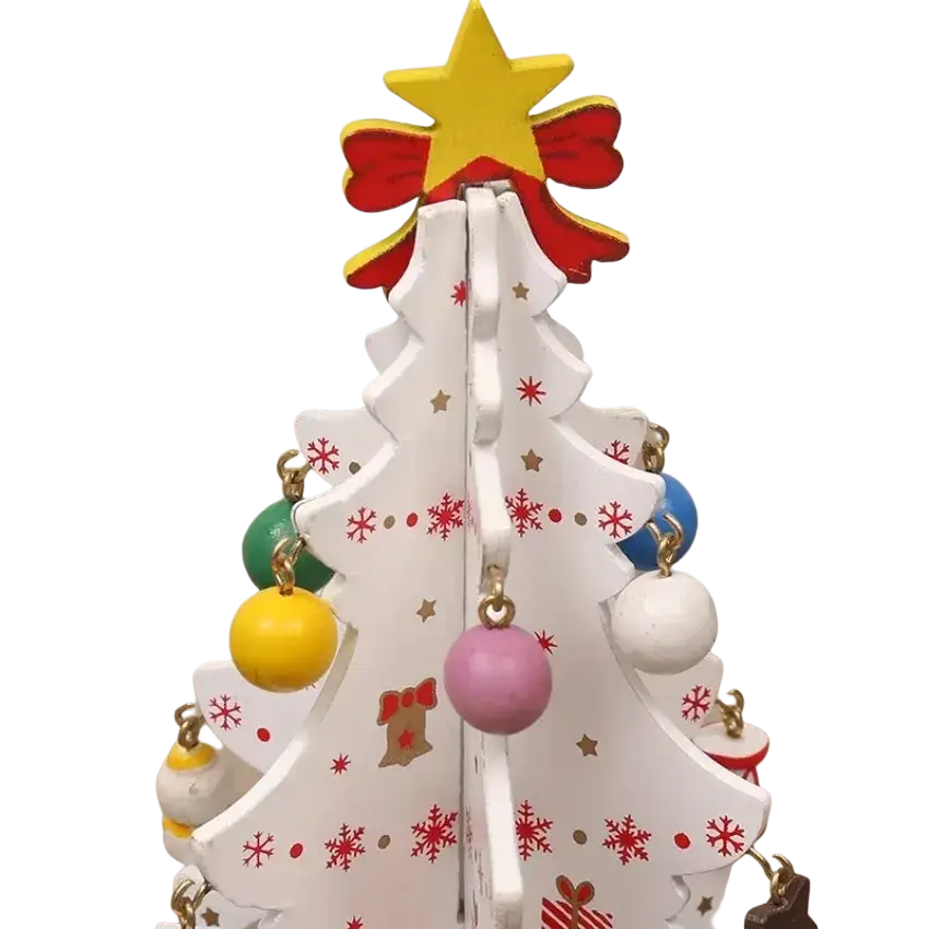 White wooden christmas tree tabletop ornament with yellow star red bow and colorful spherical beads creative wooden decorations
