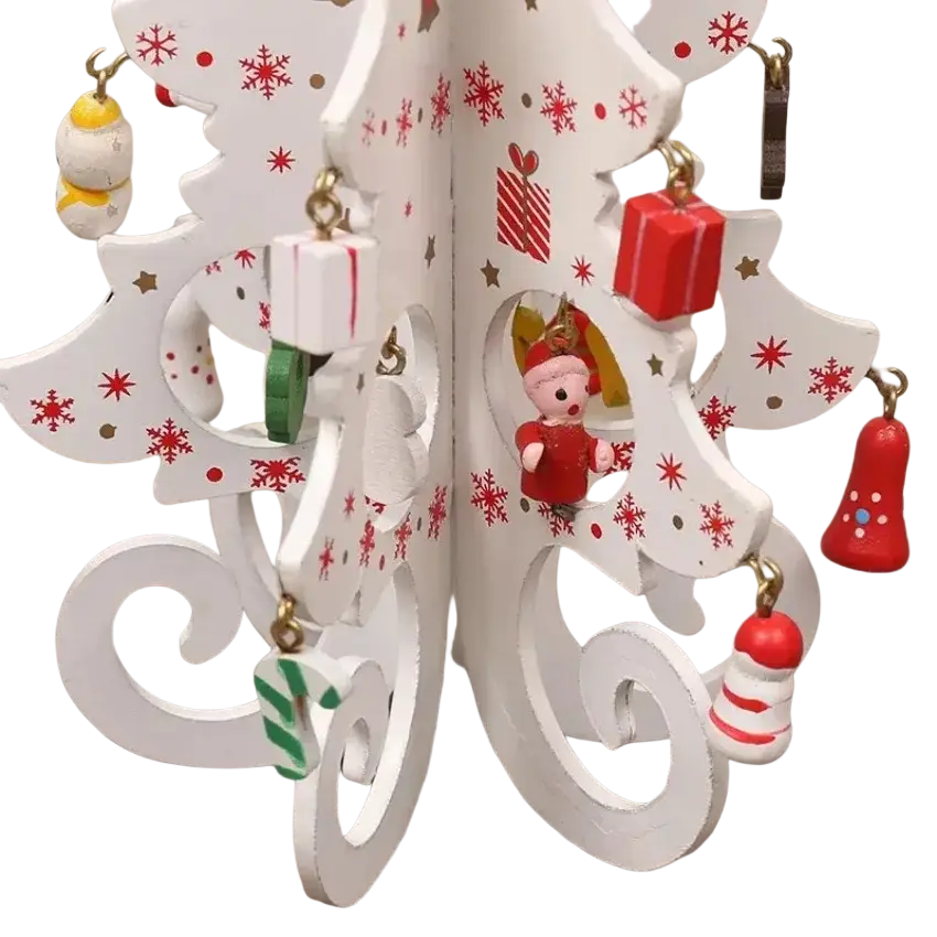 White wooden christmas tree tabletop ornament with red snowflake decals and dangling festive charms creative wooden decorations
