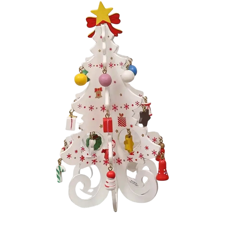 White wooden christmas tree tabletop ornament with colorful decorations creative wooden christmas design and yellow star topper
