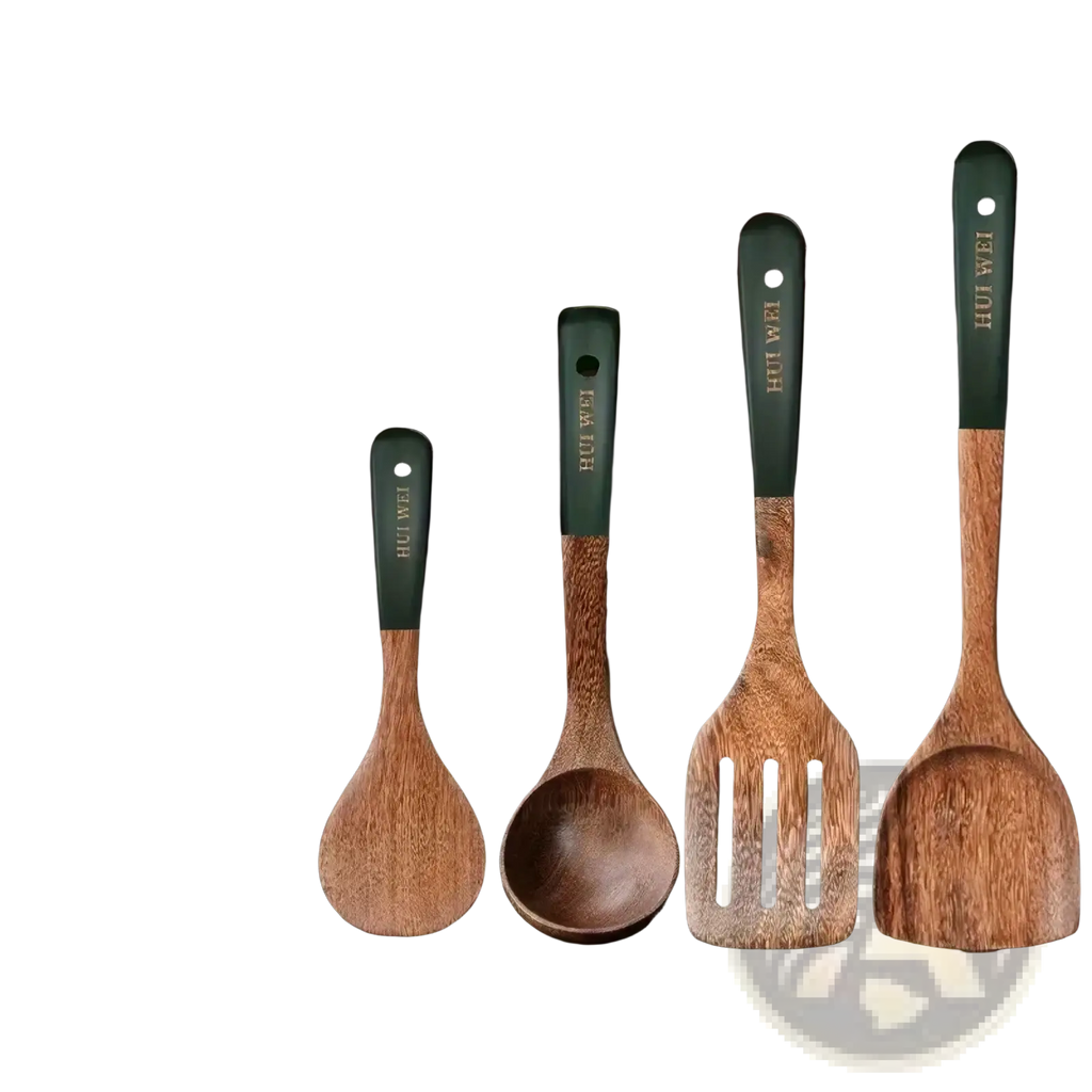Set of four wooden cooking utensils with dark green handles engraved with hui wei safe for nonstick cookware