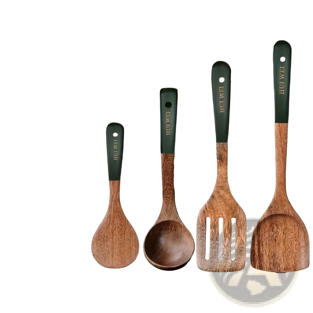 Set of four wooden cooking utensils with dark green handles engraved with hui wei safe for nonstick cookware