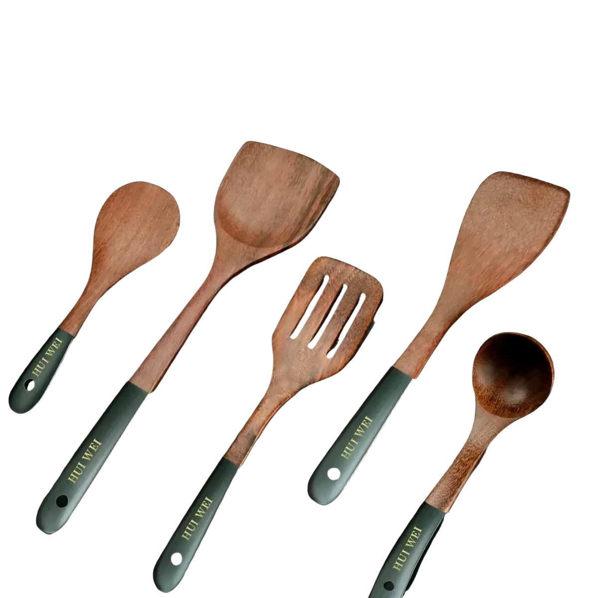 Set of five wooden cooking utensils with dark green handles, nonstick safe and suitable for various kitchen tasks