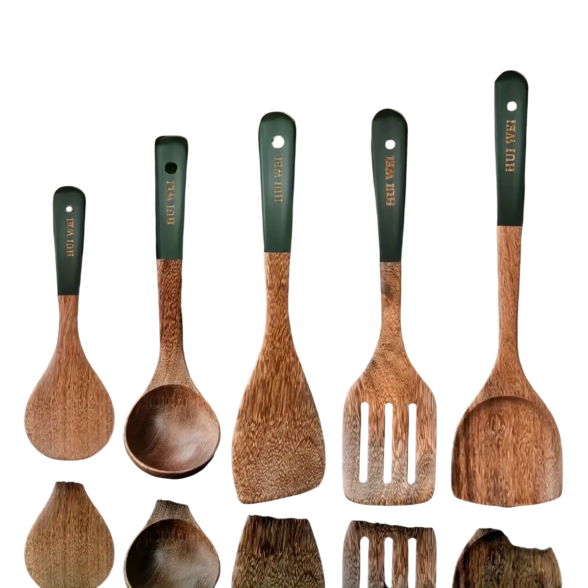 Set of five wooden cooking utensils with dark green handles featuring engraved branding safe for nonstick cookware