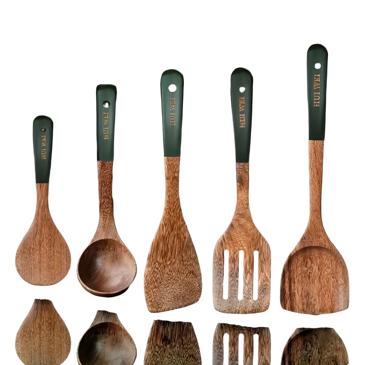 Set of five wooden cooking utensils with dark green handles featuring natural wood grain and engraved branding safe for nonstick cookware