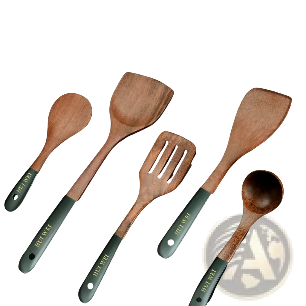 Set of five wooden cooking utensils with dark green handles, nonstick safe and suitable for various kitchen tasks