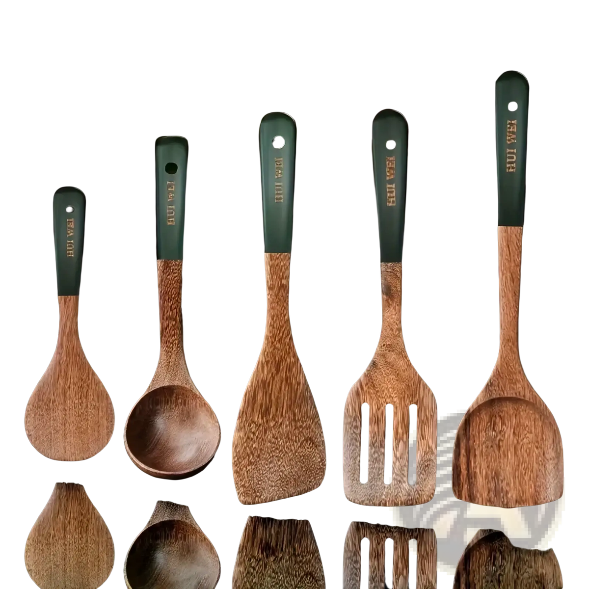 Set of five wooden cooking utensils with dark green handles featuring engraved branding safe for nonstick cookware