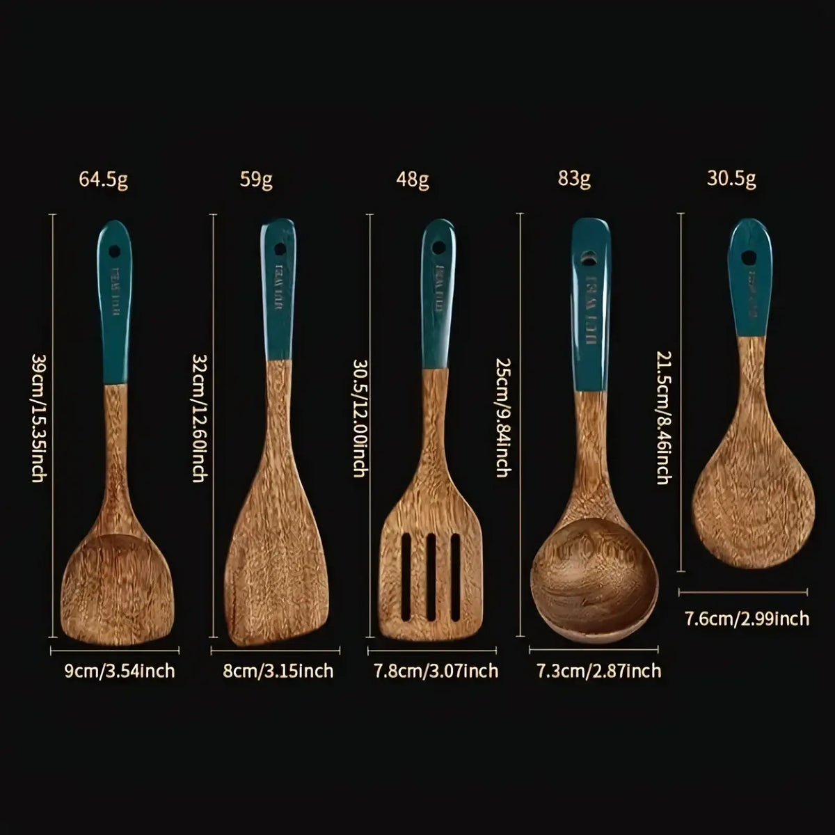 Set of five wooden cooking utensils with teal handles, nonstick safe, each with distinct shapes for varied kitchen tasks