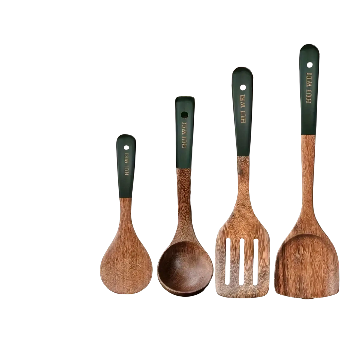 Set of four wooden cooking utensils with dark green handles engraved with hui wei safe for nonstick cookware