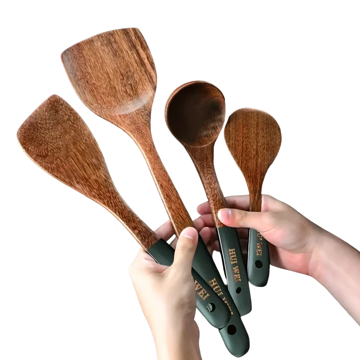 Set of four wooden cooking utensils with dark green handles made from unvarnished wax-free wing wood nonstick safe