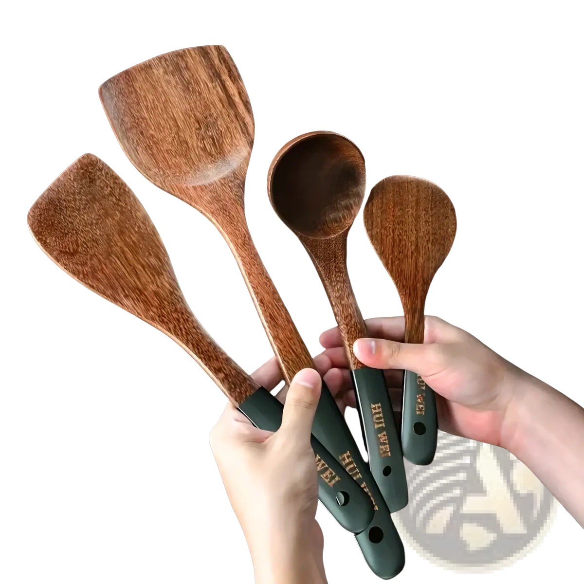 Set of four wooden cooking utensils with dark green handles made from unvarnished wax-free wing wood nonstick safe