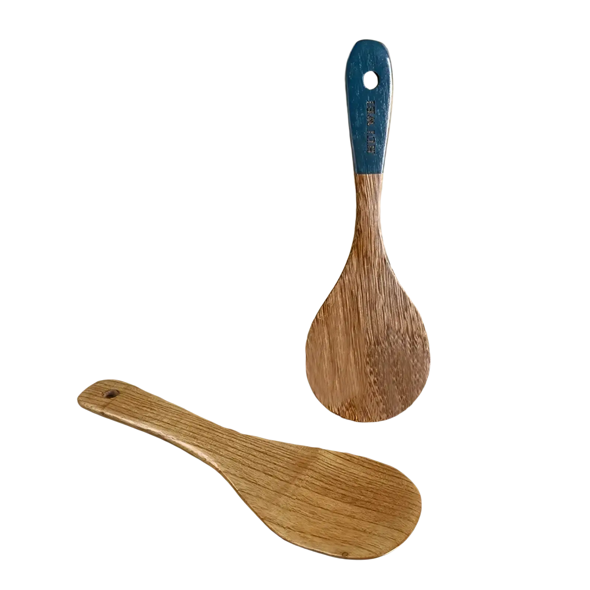 A wooden rice paddle with a blue painted handle and natural wood grain finish from a nonstick safe utensil set