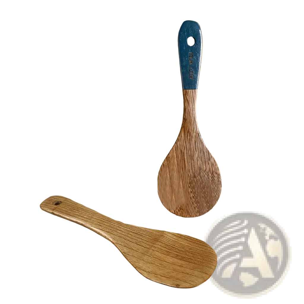 A wooden rice paddle with a blue painted handle and natural wood grain finish from a nonstick safe utensil set