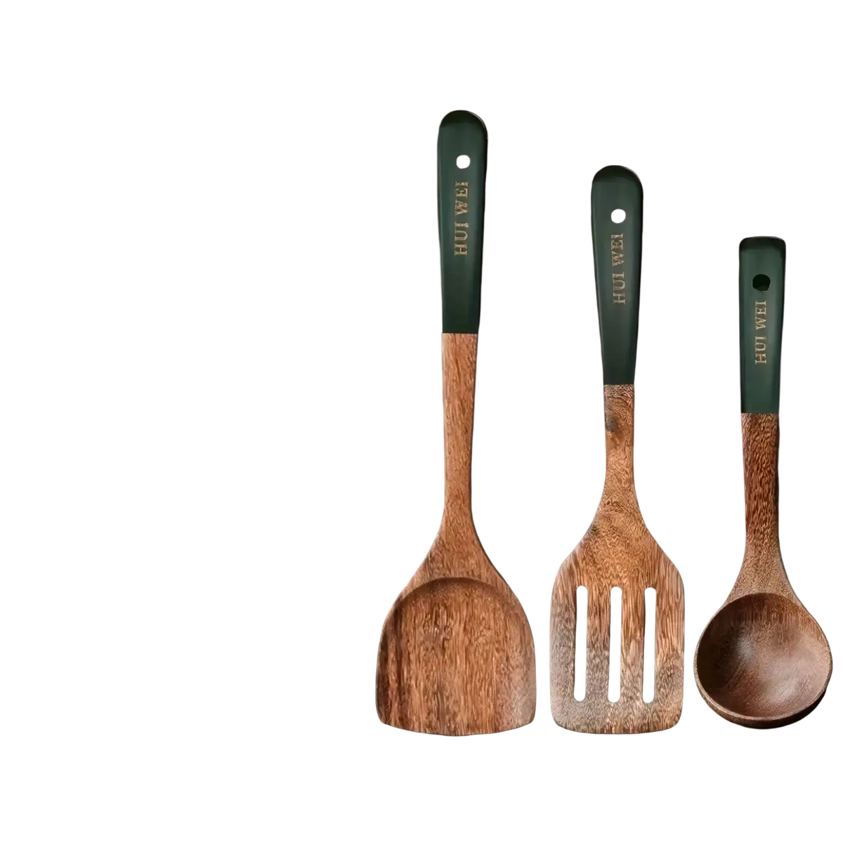 Set of three wooden cooking utensils with dark green handles including spatula slotted spoon and ladle nonstick safe