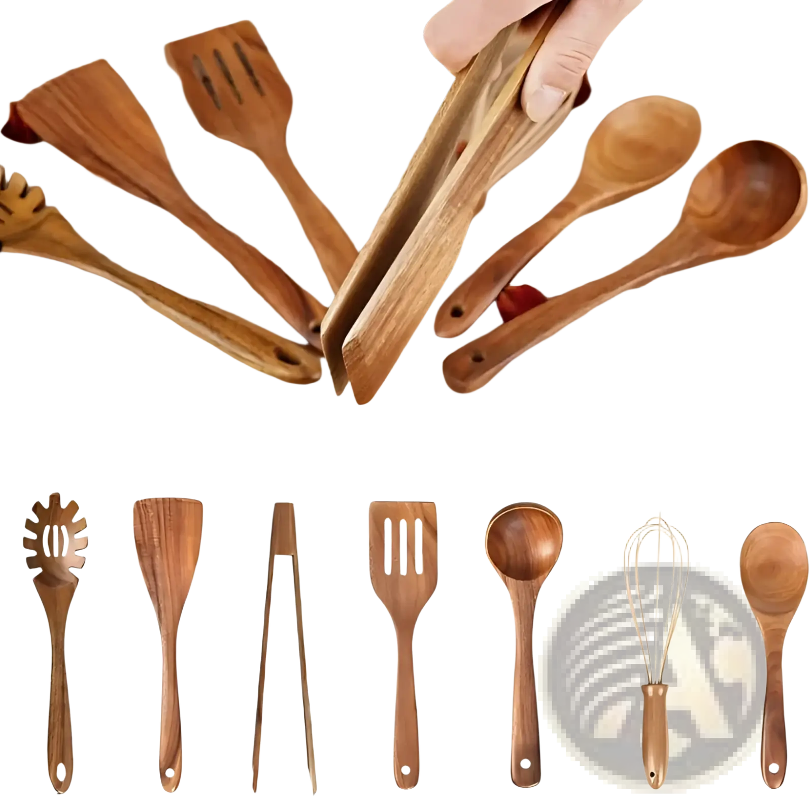 Set of seven wooden cooking utensils with natural wood grain finish including spoons spatulas tongs and whisk