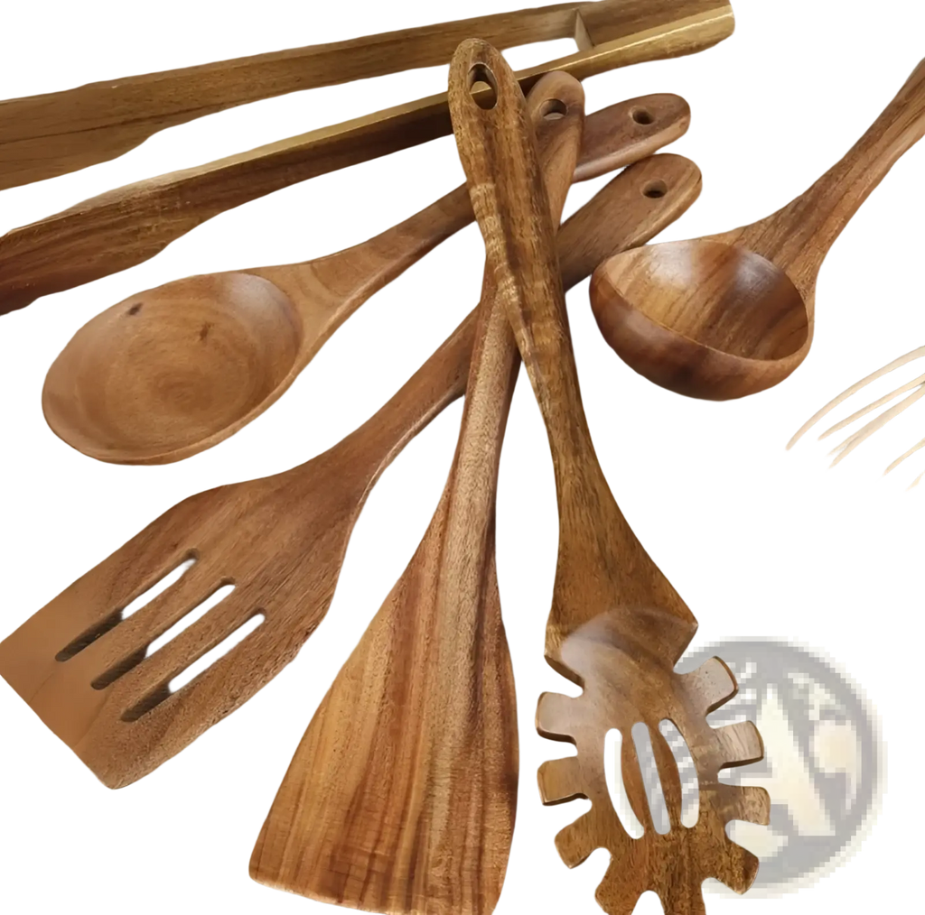 Set of seven rustic wooden cooking utensils with natural grain and warm brown tones for non stick kitchen use