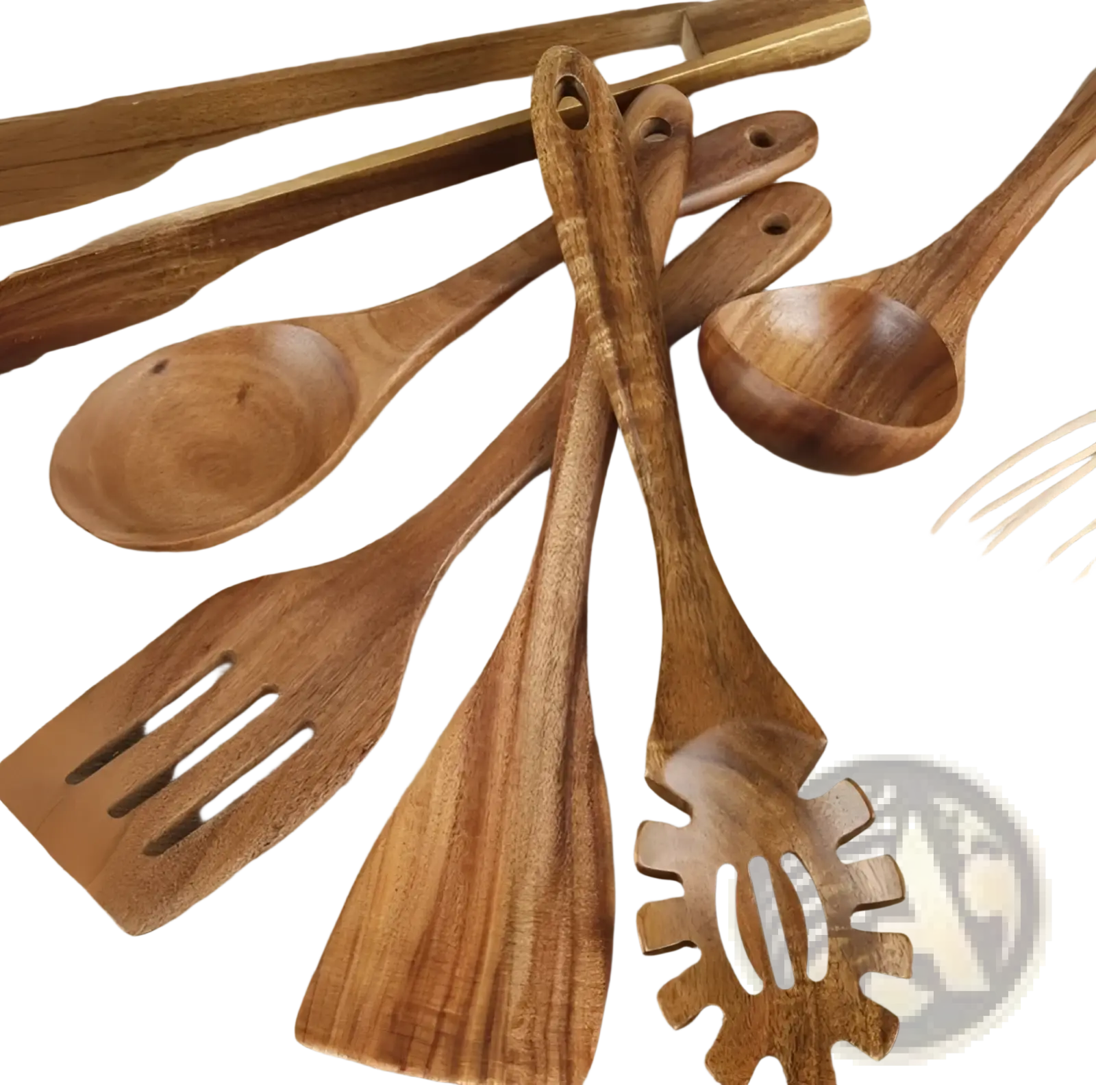 Set of seven rustic wooden cooking utensils with natural grain and warm brown tones for non stick kitchen use