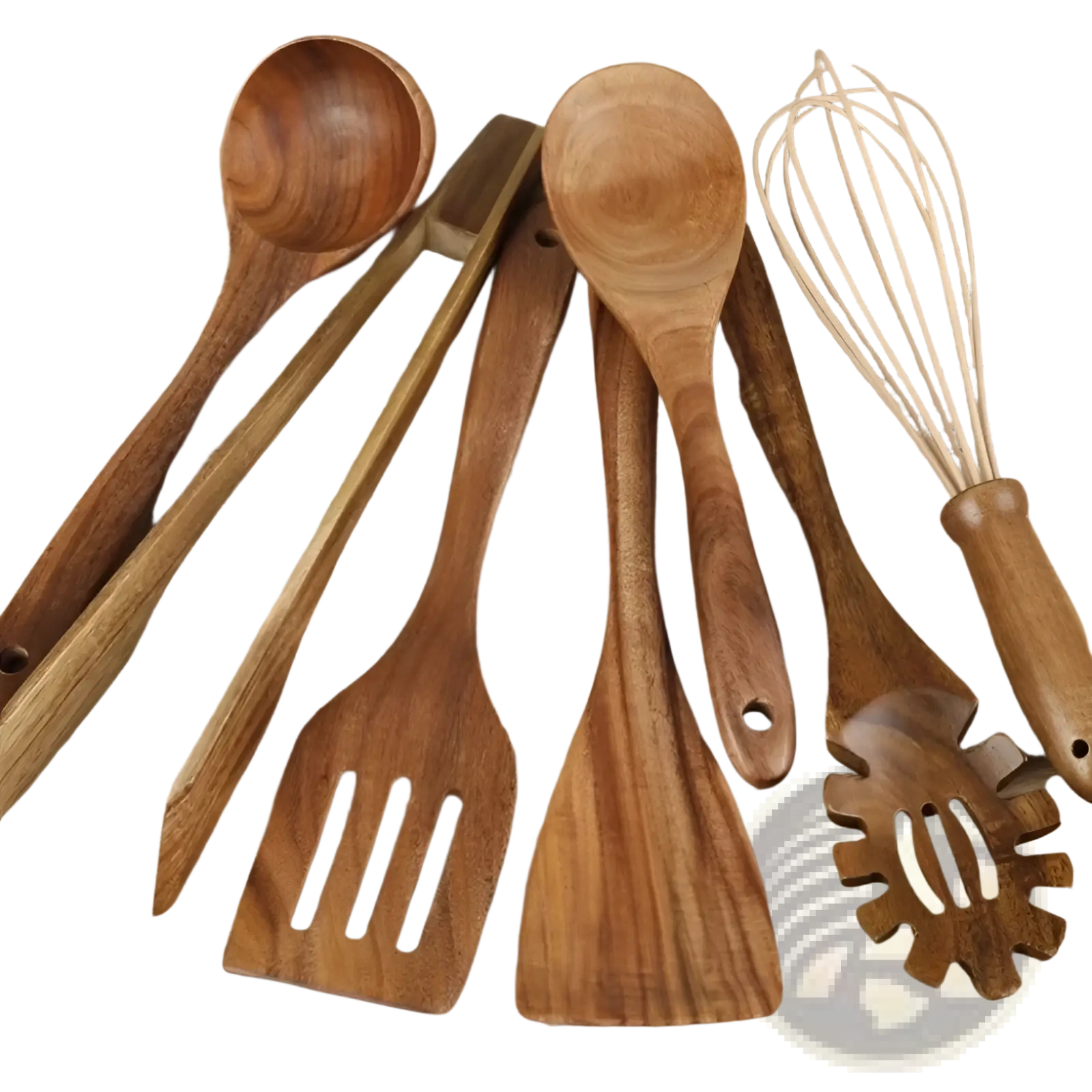 Set of seven wooden cooking utensils with natural wood grain and warm brown tones for non stick kitchen use