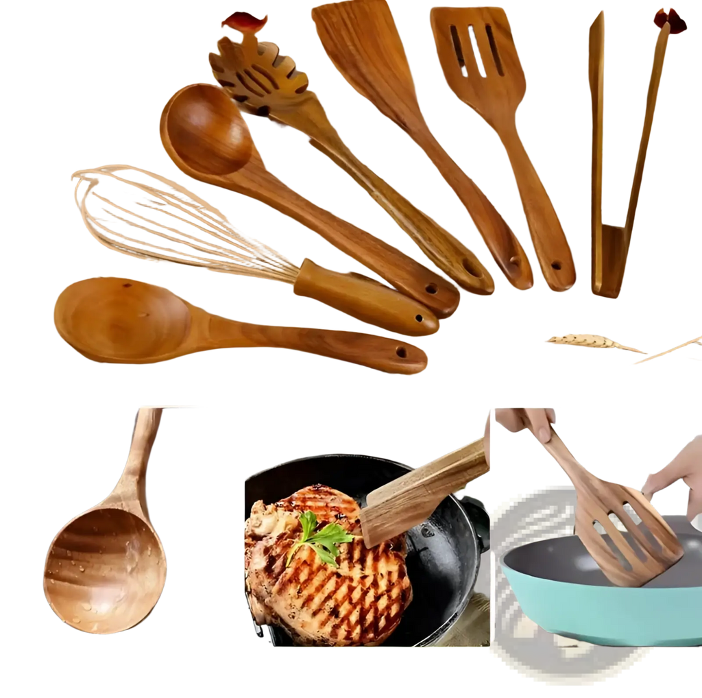 Set of wooden cooking utensils with natural wood grain and smooth rounded handles in a 7 piece non stick kitchen set
