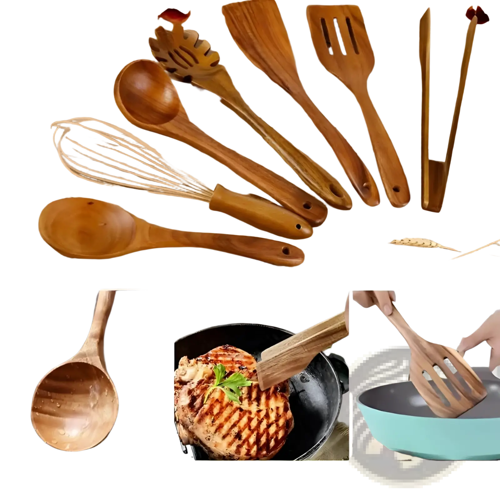 Set of wooden cooking utensils with natural wood grain and smooth rounded handles in a 7 piece non stick kitchen set