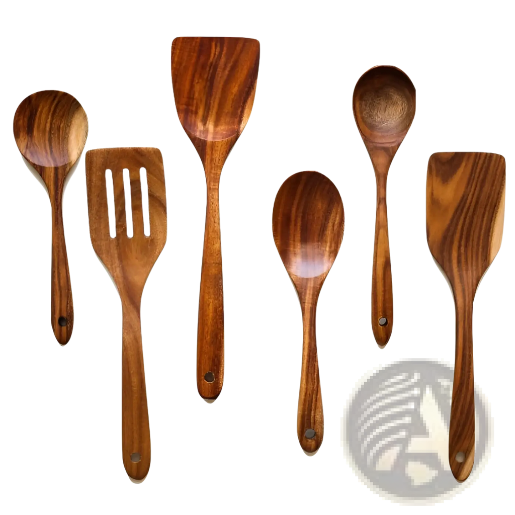 Set of six wooden cooking utensils in rich brown tones with natural wood grain for non stick kitchen use