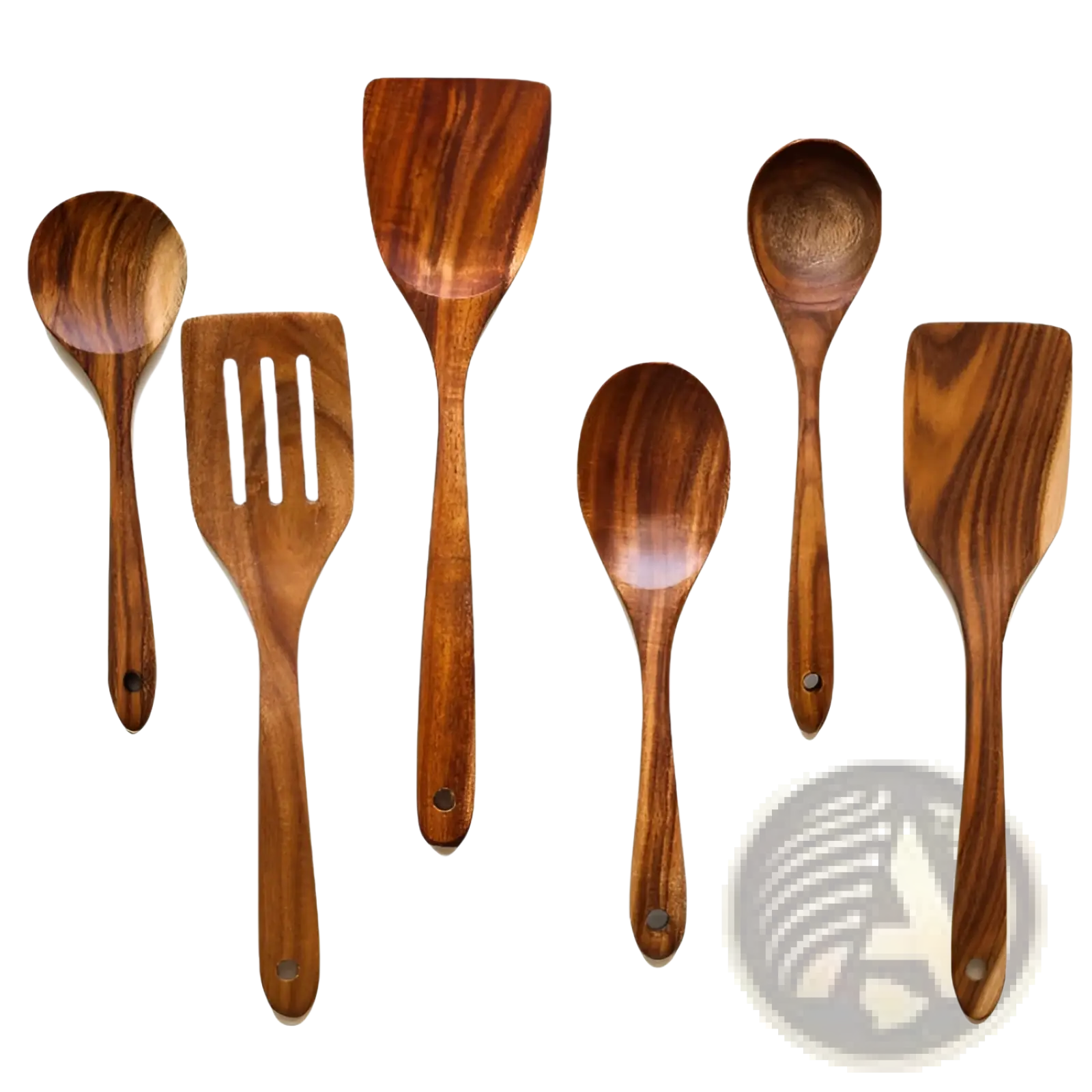 Set of six wooden cooking utensils in rich brown tones with natural wood grain for non stick kitchen use