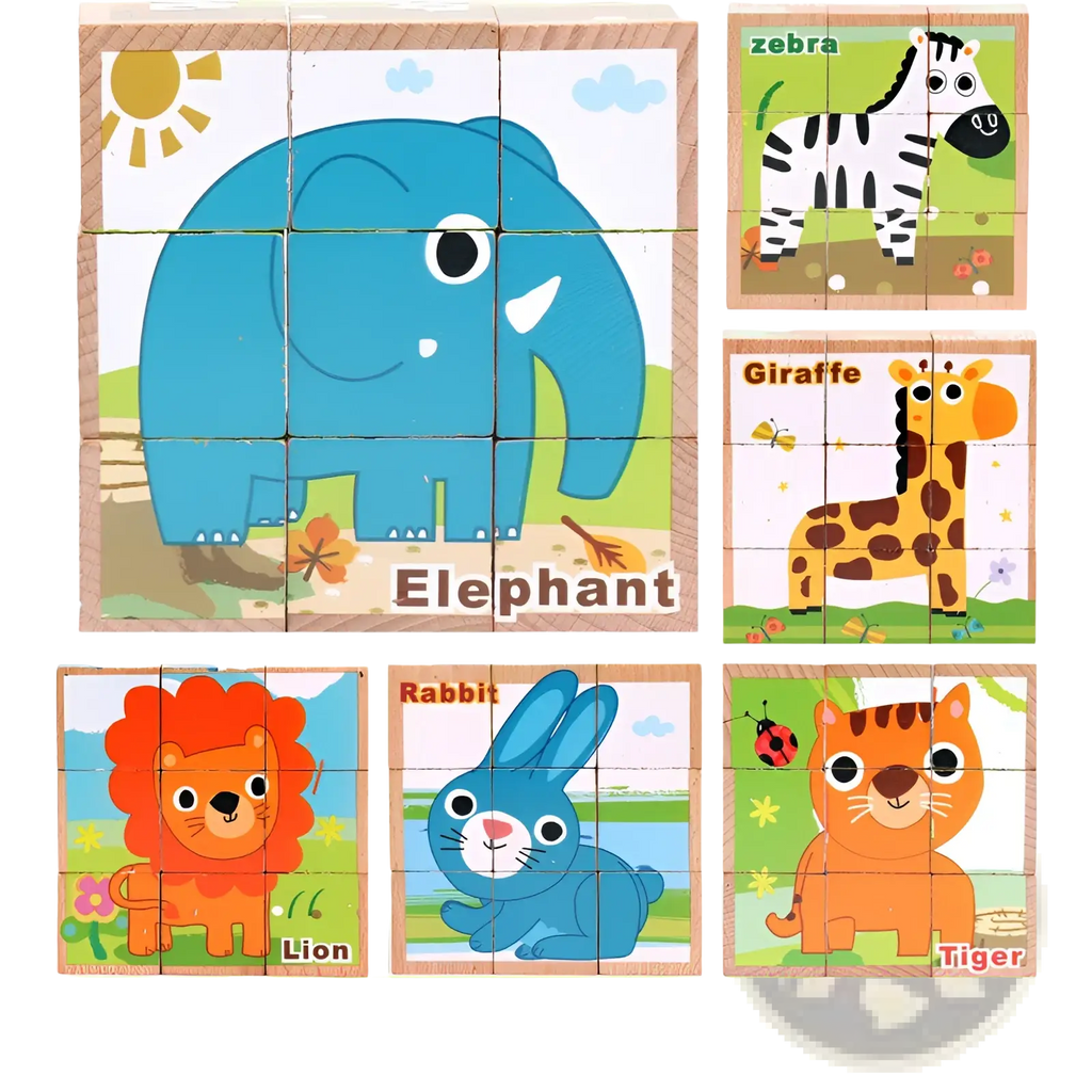 Blue wooden cube jigsaw puzzle featuring a cartoon elephant with white tusks for early educational use