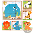 Blue wooden cube jigsaw puzzle featuring a cartoon elephant with white tusks for early educational use
