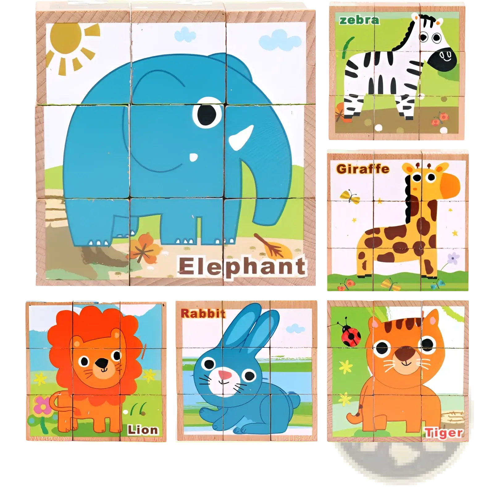 Blue wooden cube jigsaw puzzle featuring a cartoon elephant with white tusks for early educational use