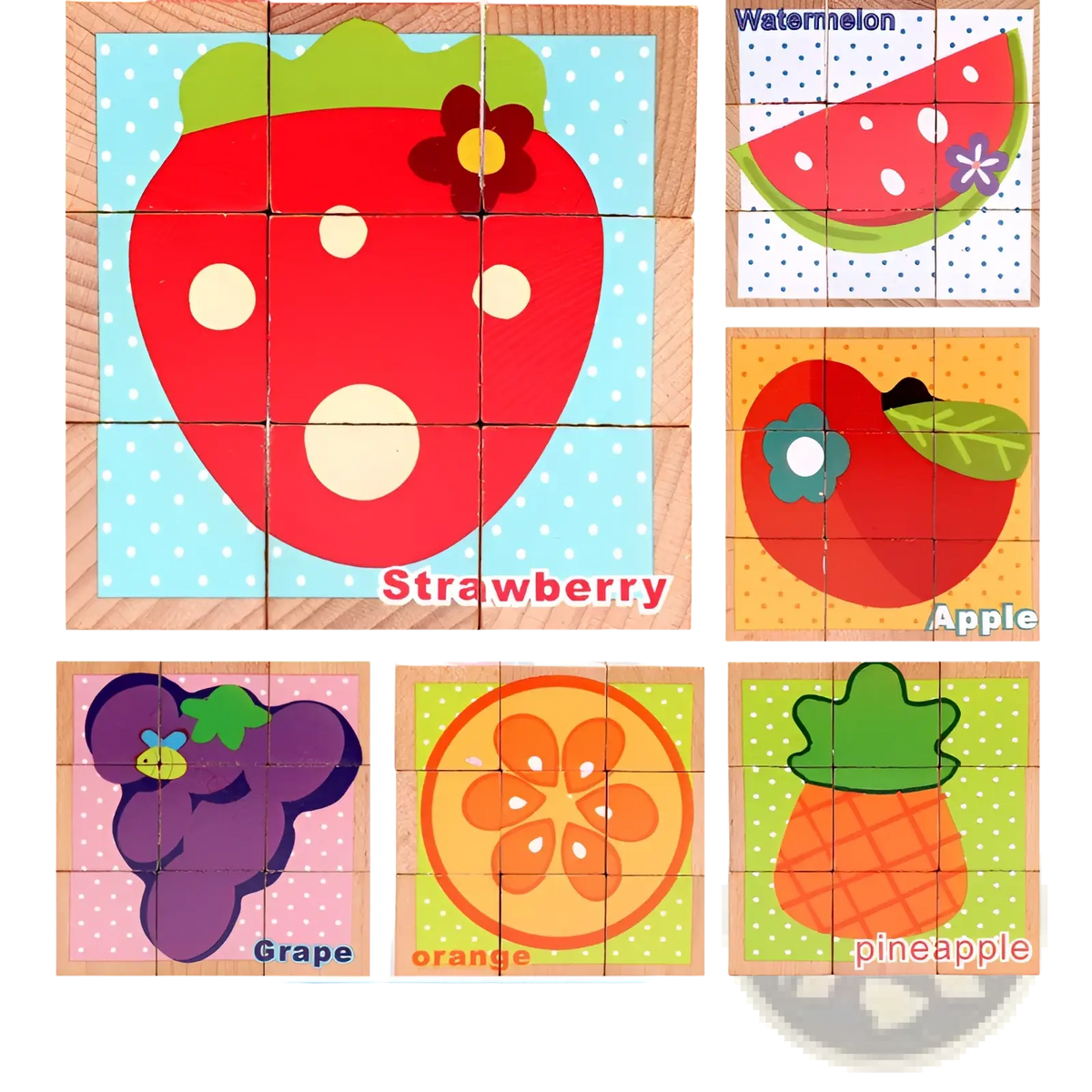 Red wooden cube jigsaw puzzle piece with white polka dots and small flower from 6 in 1 early educational toy