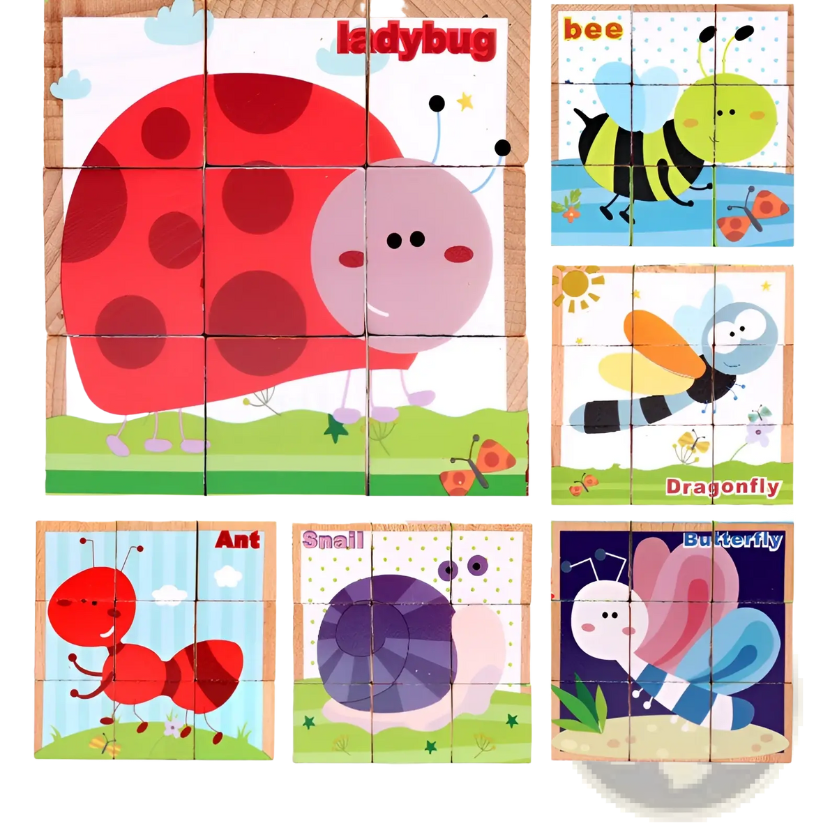 Wooden cube jigsaw puzzle 6 in 1 featuring red and pink ladybug design with colorful cartoon blocks for early education