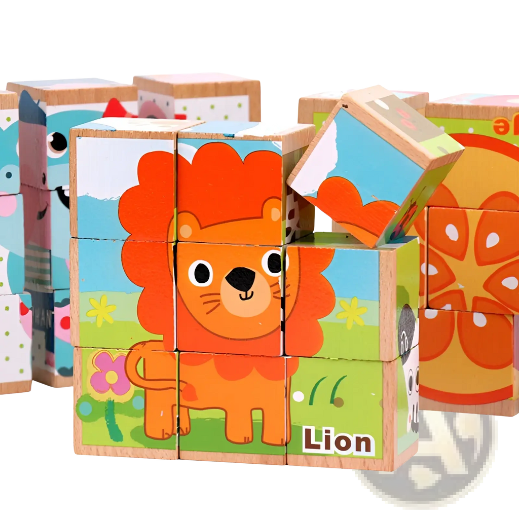 Colorful wooden cube jigsaw puzzle featuring a cartoon lion with an orange mane on a green grassy background