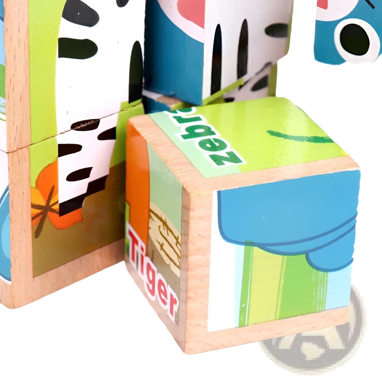 Wooden cube jigsaw puzzle 6 in 1 featuring a tiger illustration with red text and colorful animal designs on its sides