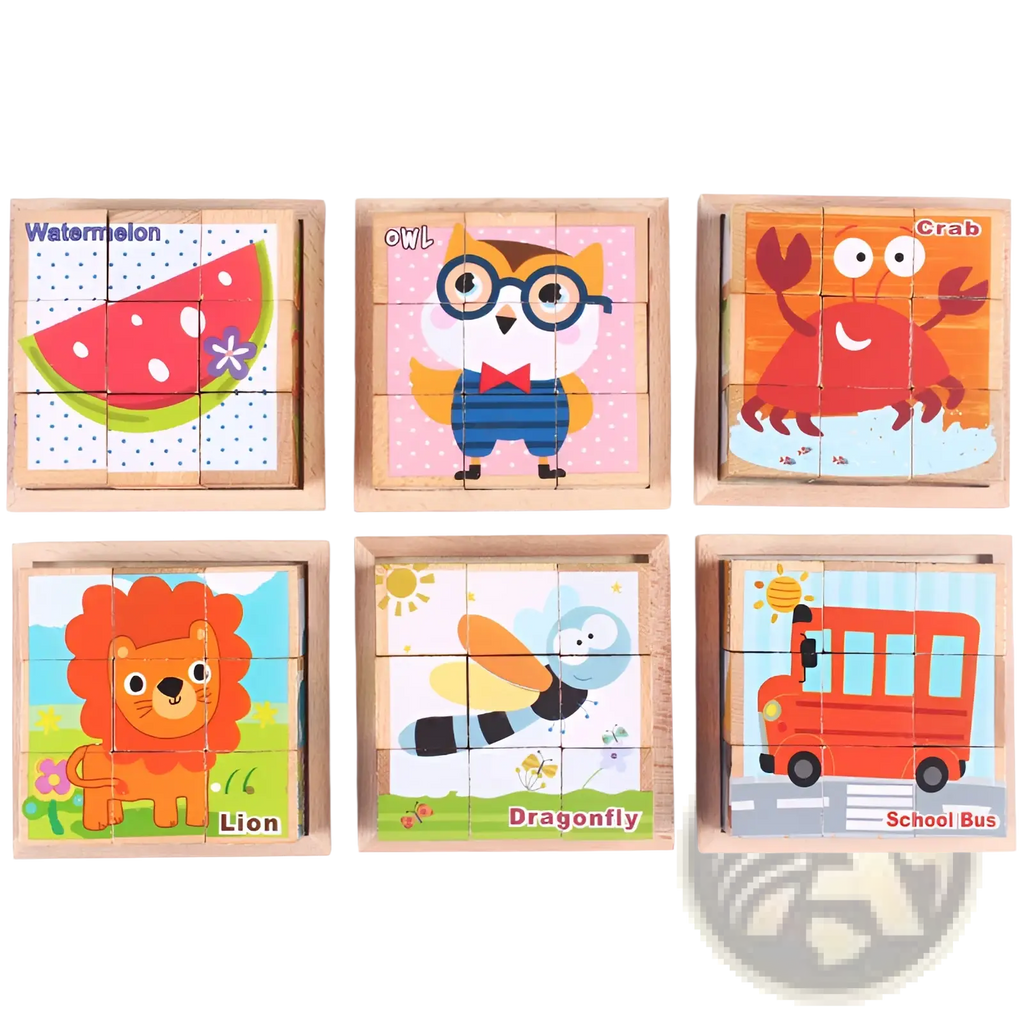 Wooden cube jigsaw puzzle 6 in 1 featuring colorful cartoon characters on natural wooden blocks for early education