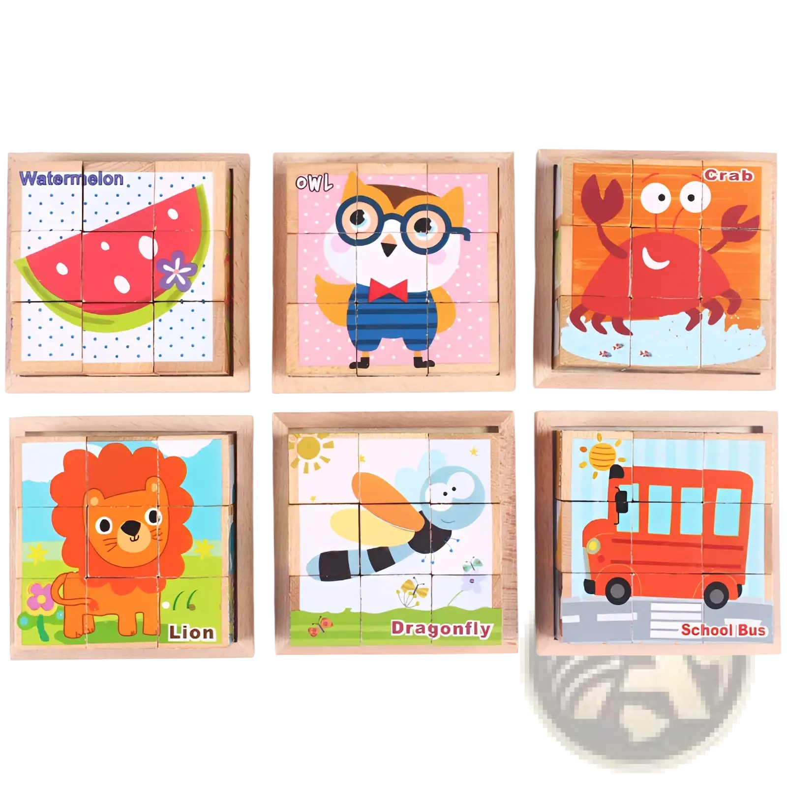 Wooden cube jigsaw puzzle 6 in 1 featuring colorful cartoon characters on natural wooden blocks for early education