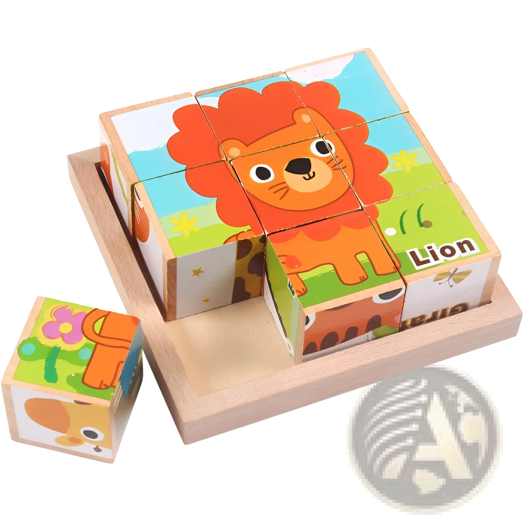 Wooden cube jigsaw puzzle 6 in 1 early educational toy featuring a cheerful orange lion and colorful cartoon animals