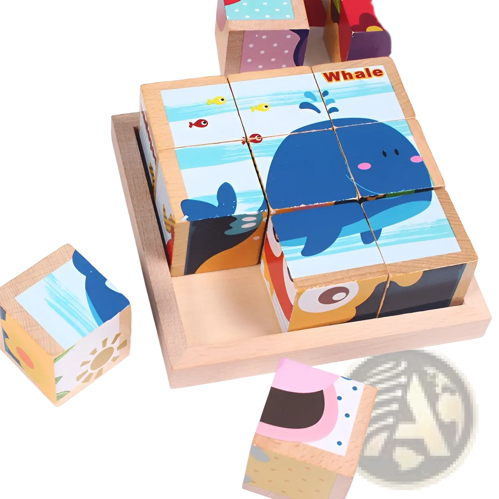 Wooden cube jigsaw puzzle featuring a blue whale and colorful ocean-themed illustrations for early education