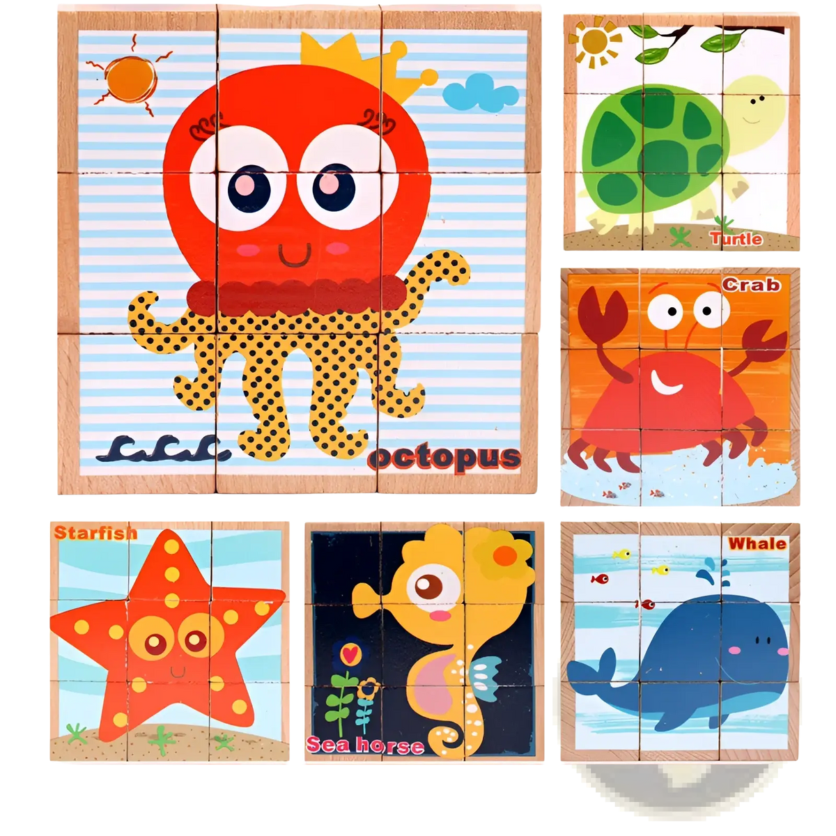 Wooden cube jigsaw puzzle featuring a red octopus with yellow polka-dotted arms and a golden crown for early education