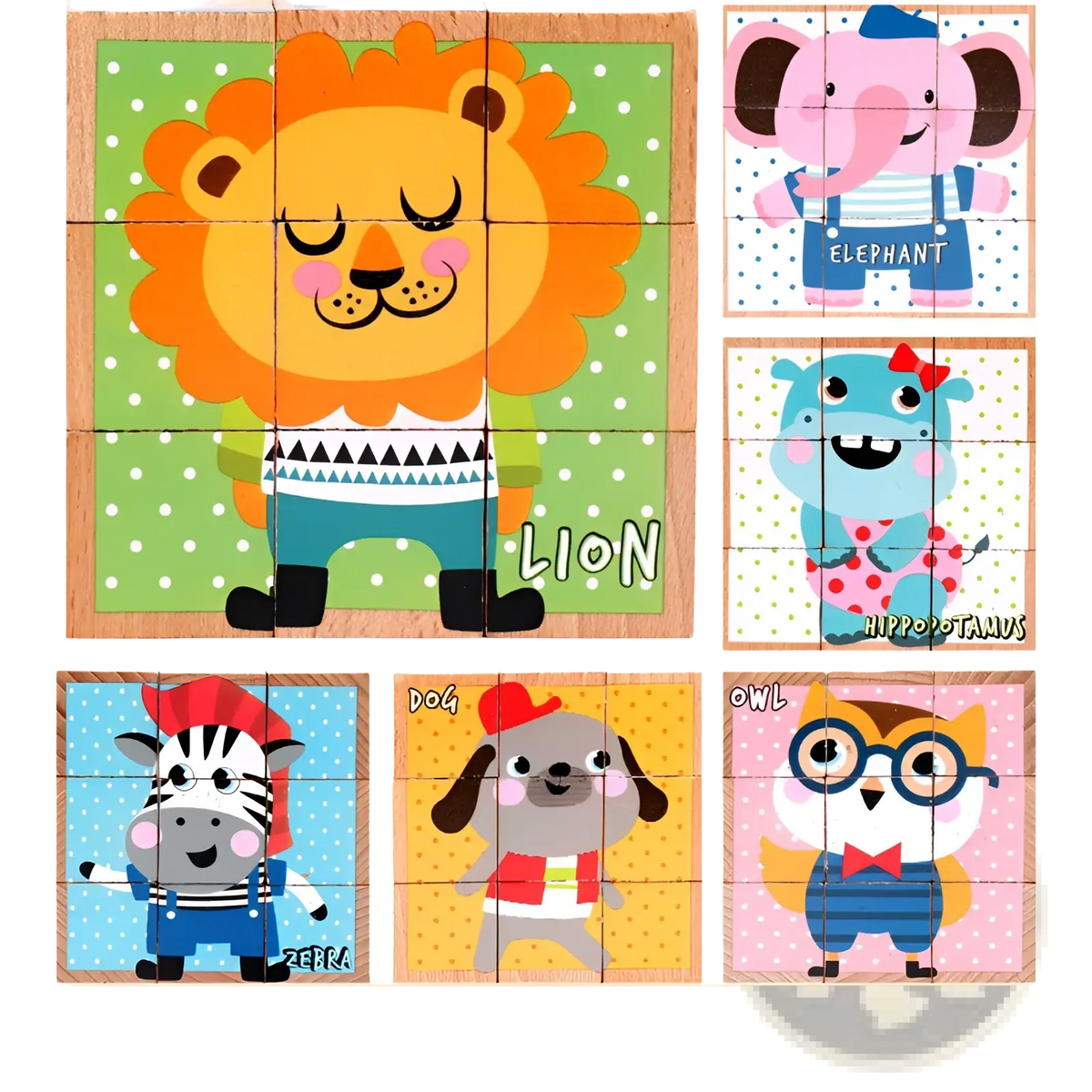 Wooden cube jigsaw puzzle featuring a cartoon lion with orange fur wearing blue pants as an early educational toy