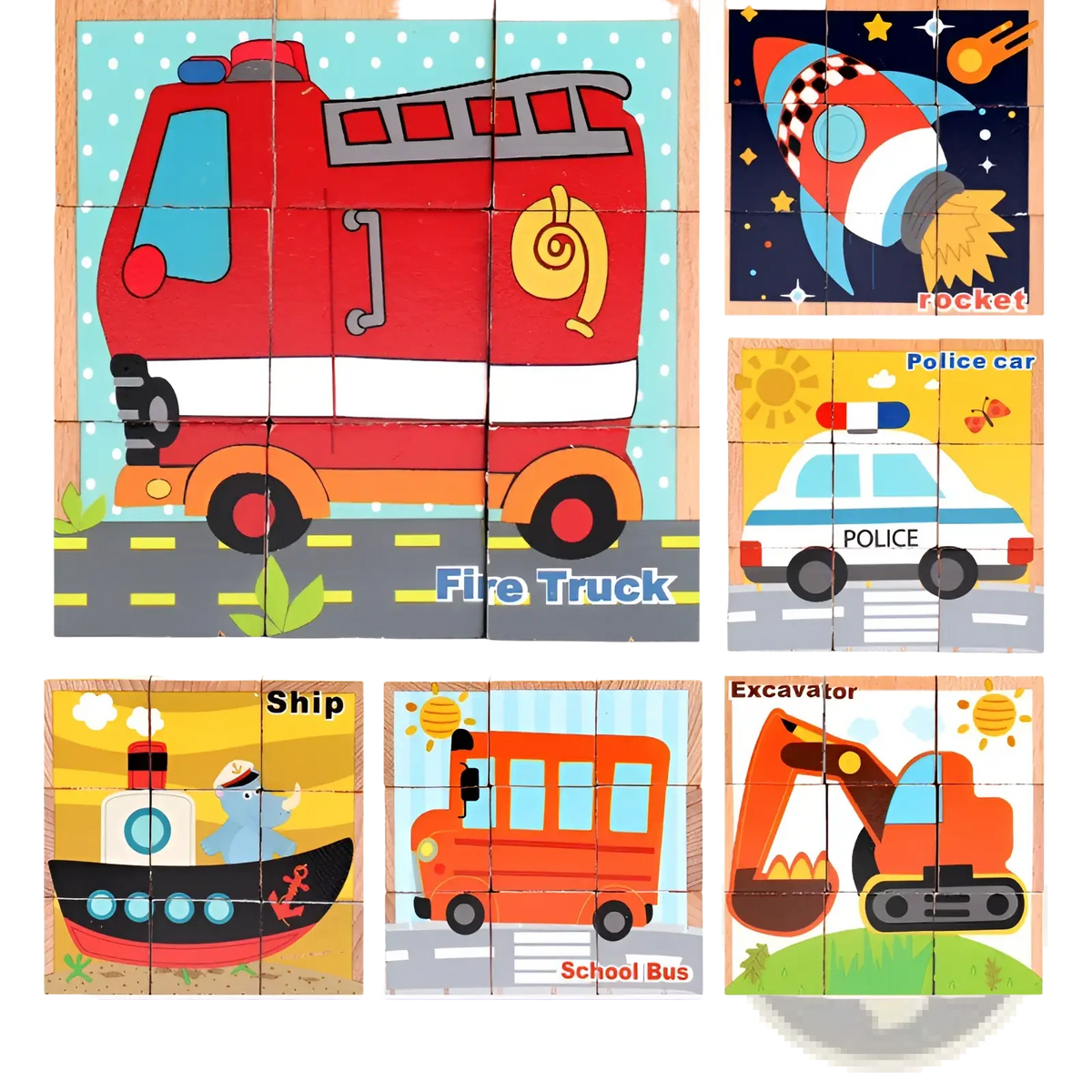 Wooden cube jigsaw puzzle 6 in 1 featuring a red and white wooden fire truck with yellow hose detail for early education