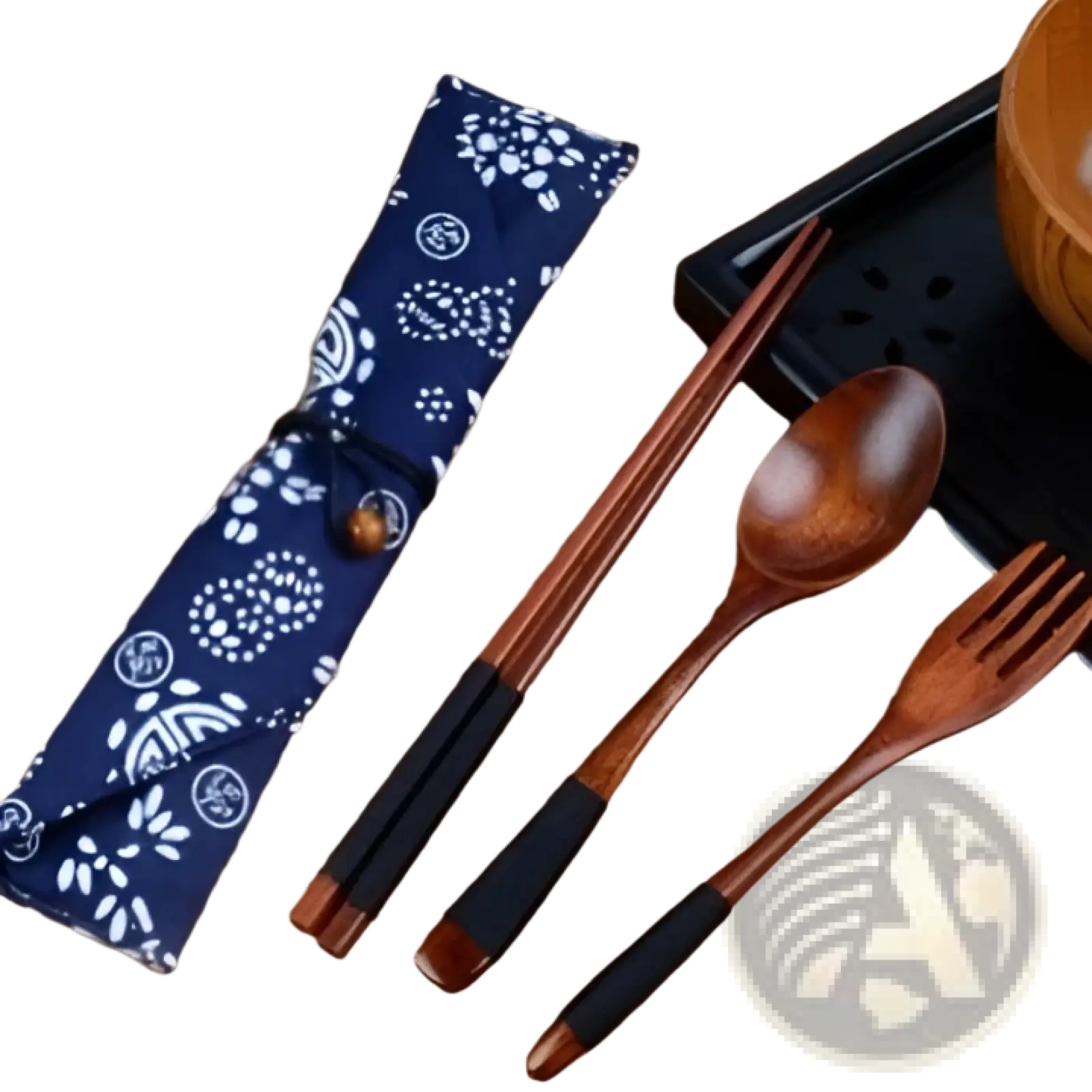 Blue patterned fabric case with white floral design holds wooden cutlery set with chopsticks spoon and fork for travel use